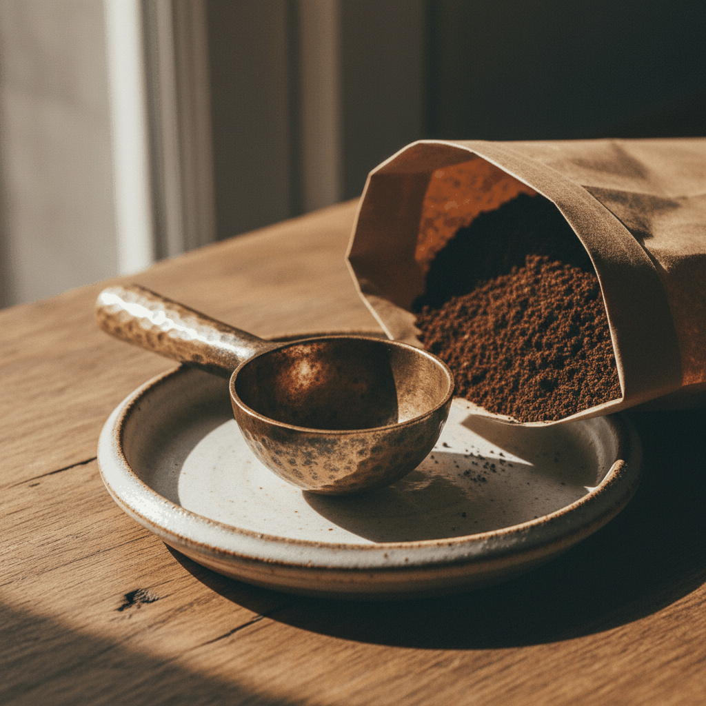 Vintage handcrafted alloy coffee scoop on rustic wooden surface beside fresh ground coffee, artisanal home café lifestyle