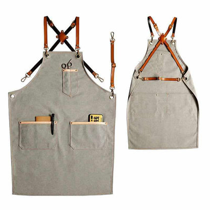 Barista canvas and denim apron with cowhide leather accents for professional use