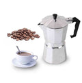 Classic aluminum moka pot brewing espresso coffee on stove with safety valve and multiple size options