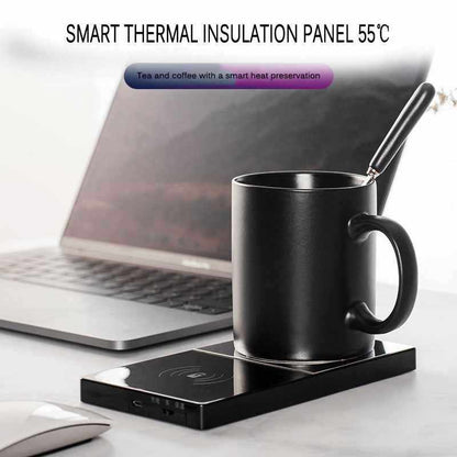 2-in-1 mug warmer and wireless phone charger on a desk with coffee mug and smartphone