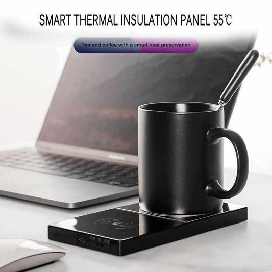 2-in-1 mug warmer and wireless phone charger on a desk with coffee mug and smartphone