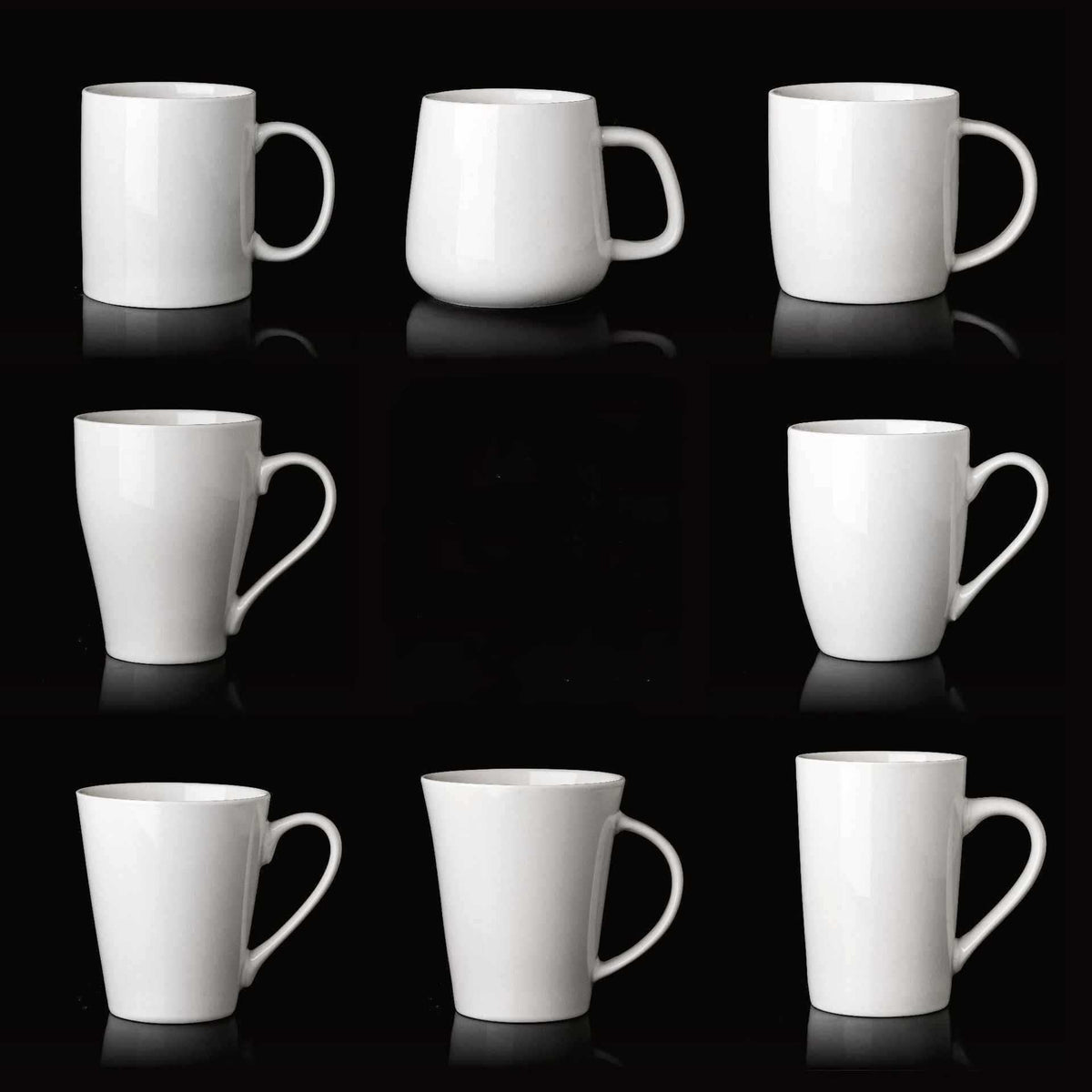 Collection of premium ceramic coffee cups with modern minimalist design in various styles and sizes