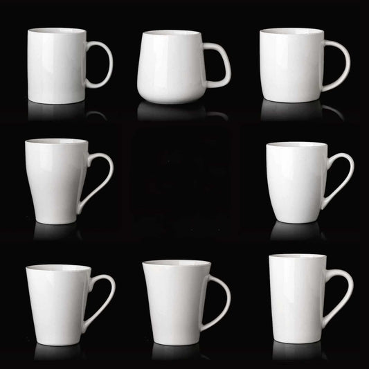 Collection of premium ceramic coffee cups with modern minimalist design in various styles and sizes